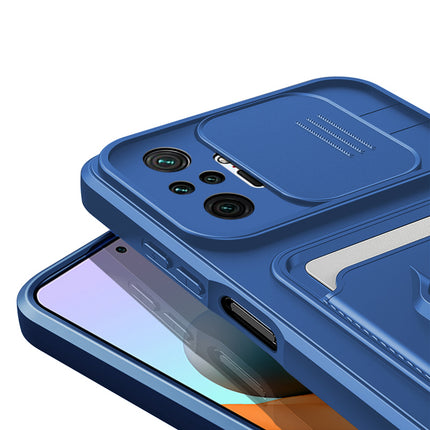 Kapa Bisen Back Cover for Redmi Note 10 Pro / Note 10 Pro Max , Inbuilt Camera Slider Ring Stand and Card Pocket Shockproof Slim Bumper Back Case (Blue) - Mobizang
