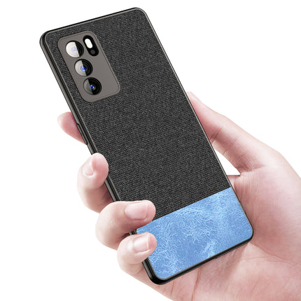 Soft Fabric & Leather Hybrid for Oppo Reno 6 Pro Back Cover, Shockproof Protection Slim Hard Back Case (Black, Blue)