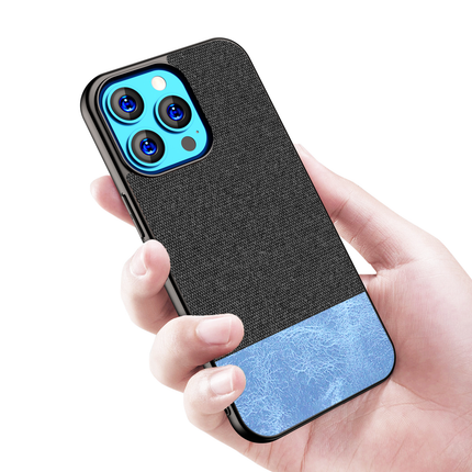 Soft fabric & Leather Hybrid Protective Case Cover for Apple iphone 13 Pro Max (Black,Blue)