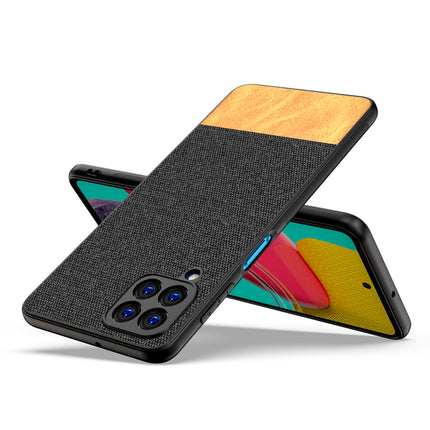 Soft Fabric & Leather Hybrid Protective Back Case Cover for Samsung Galaxy M53 (5G) (Black , Brown)