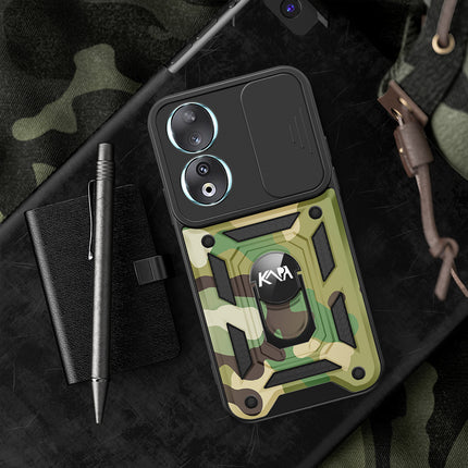 Kapa Tank Back Cover for Honor 90 (5G) | Inbuilt Ring + Slider Shockproof Lens Protection Bumper Back Case (Green)
