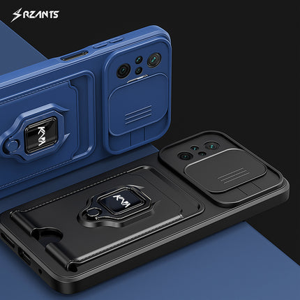 Kapa Bisen Back Cover for Redmi Note 10 Pro / Note 10 Pro Max , Inbuilt Camera Slider Ring Stand and Card Pocket Shockproof Slim Bumper Back Case (Black)