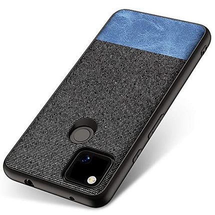 Soft Fabric and Leather Hybrid Protective Case Cover for Google Pixel 4A, Black and Blue - Mobizang