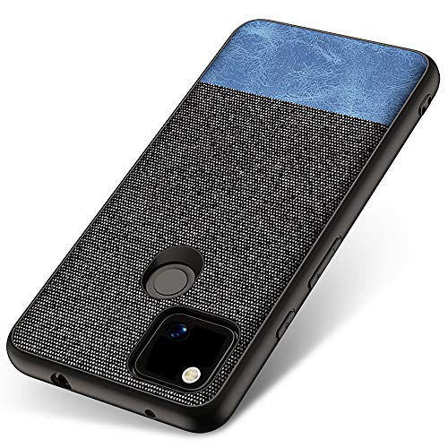 Soft Fabric and Leather Hybrid Protective Case Cover for Google Pixel 4A, Black and Blue - Mobizang