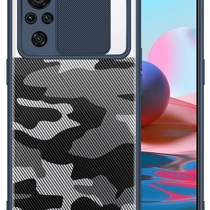 Camo Slider Back Cover for Redmi Note 10 / Note 10S, [Military Grade Protection] Shockproof Slim Clear Camera Shield Bumper Back Case (Blue) - Mobizang