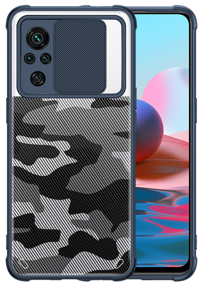Camo Slider Back Cover for Redmi Note 10 / Note 10S, [Military Grade Protection] Shockproof Slim Clear Camera Shield Bumper Back Case (Blue) - Mobizang