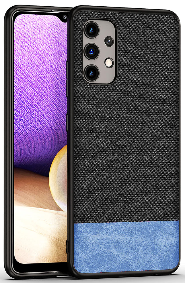 Soft Fabric & Leather Hybrid Protective Case Cover for Samsung Galaxy A32 (Black,Blue) - Mobizang